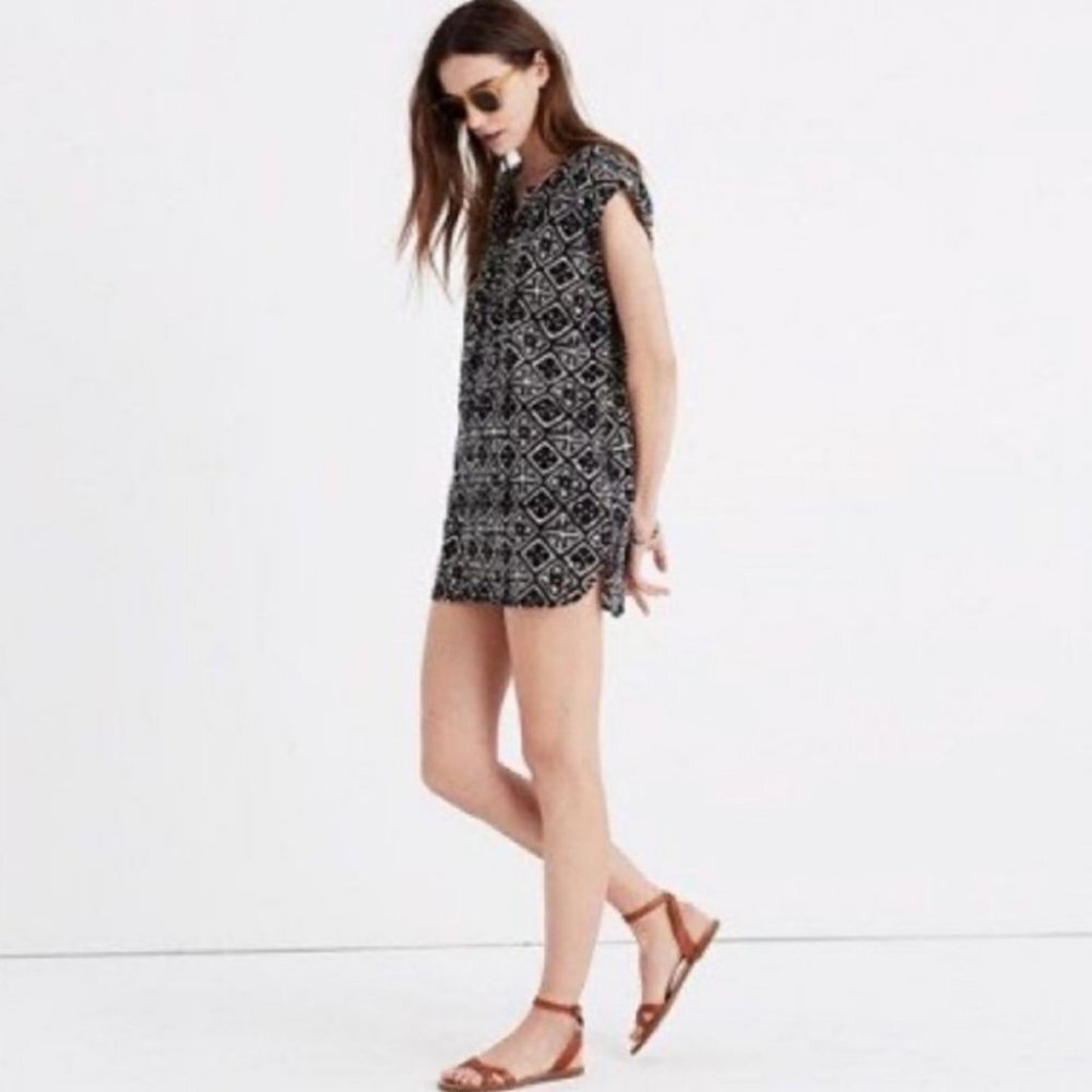 Madewell Lace-Up Cover-Up Tunic Black Printed Size Medium Bohemian G2555 Boho M - Picture 8 of 8
